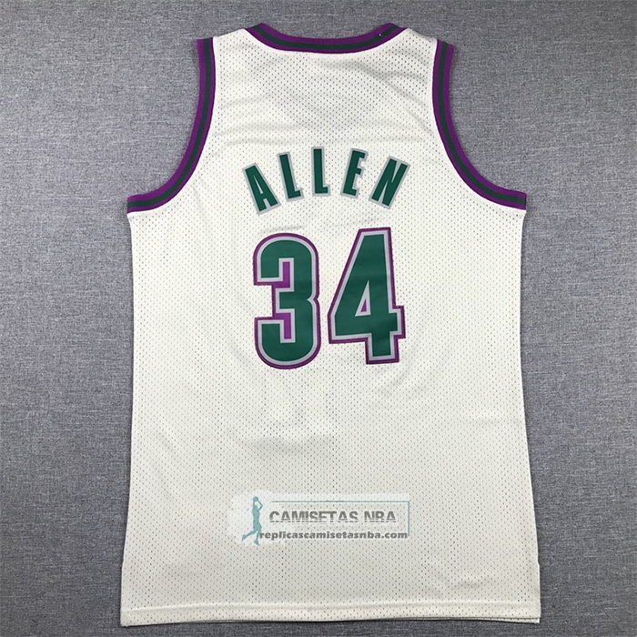 Camiseta Milwaukee Bucks Ray Allen NO 34 Mitchell & Ness Chainstitch Crema